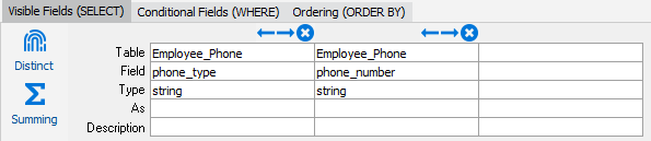 The visible fields (select) tab at the bottom of the screen. The two fields selected are phone type and phone number. The table name, field name, and data type are listed for each selection. The data type for both fields, in this case, is string.